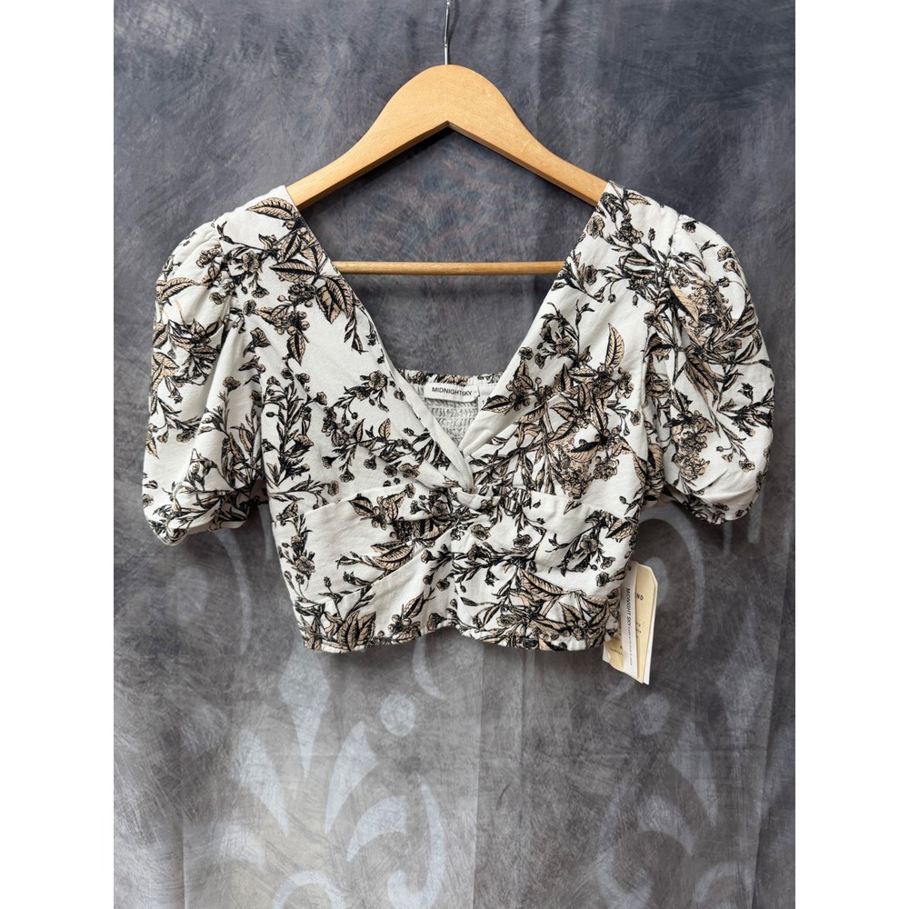 Midnight Sky Floral Puff Sleeve Smocked Crop Top White Linen Blend 11522‎ Small